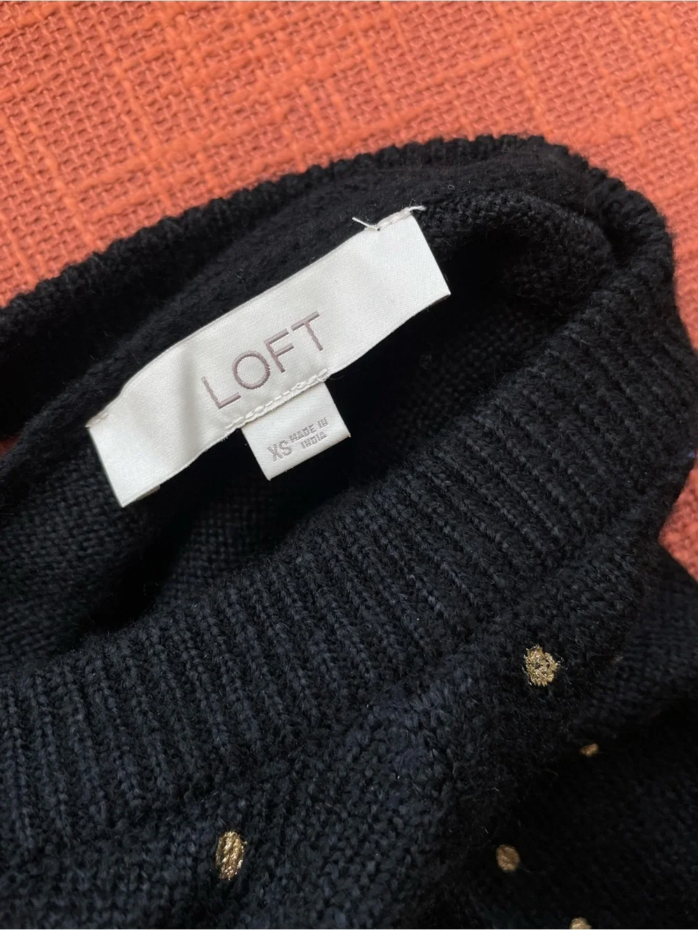Loft Black Crew Neck Sweater With Gold Metallic Polka Dots Size XS EUC